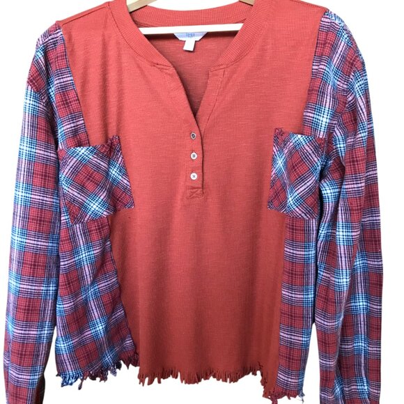 Reworked Flannel Shirt, M-L: Upcycled Oversized Rust Waffle Knit Top, Fringy Hem - Picture 9 of 13